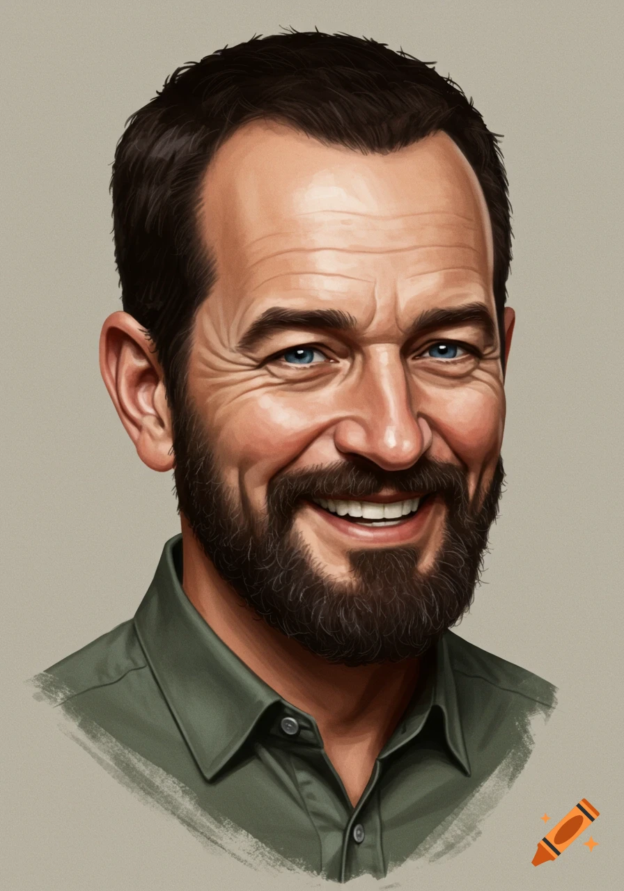 Digital illustration of a smiling man with a beard and dark hair wearing a green collared shirt.