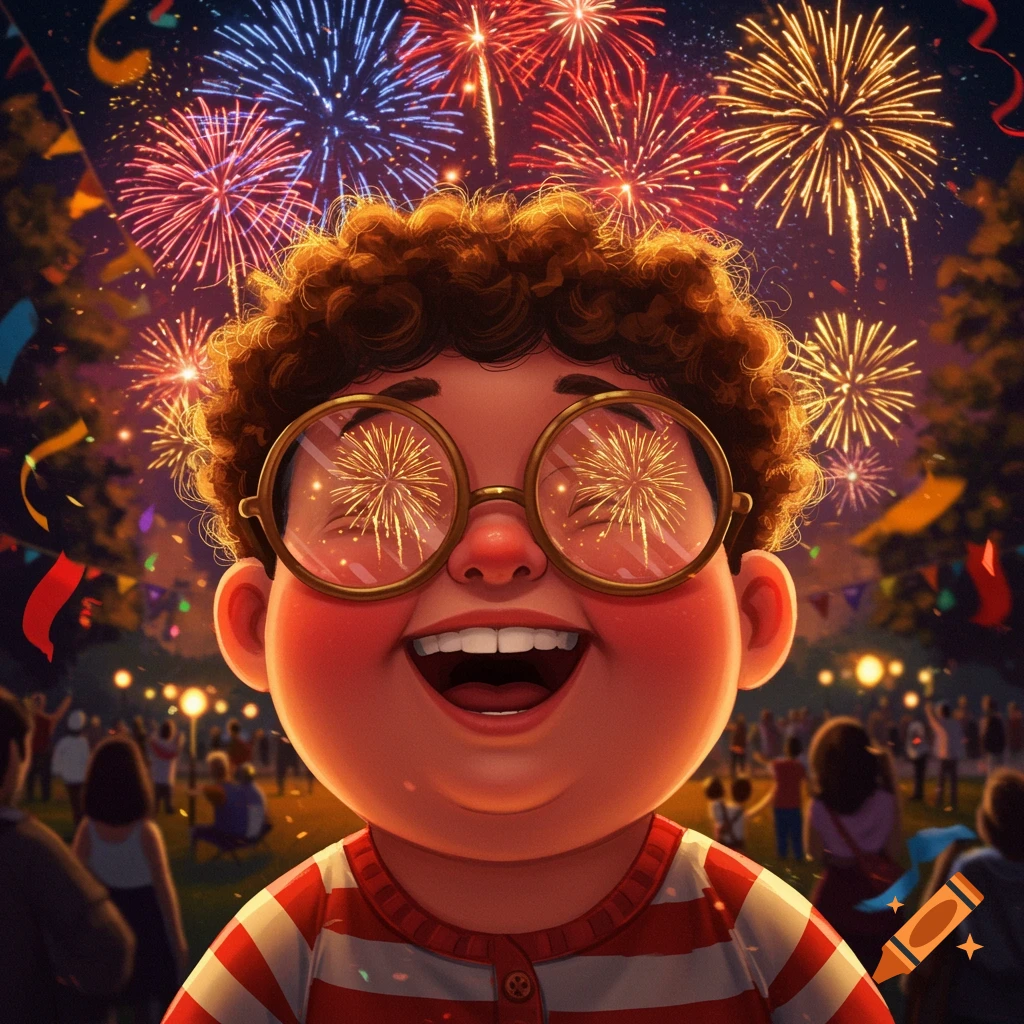 A happy, chubby boy with a toothy grin and oversized glasses watches colorful fireworks reflecting in his lenses. Cartoon illustration.