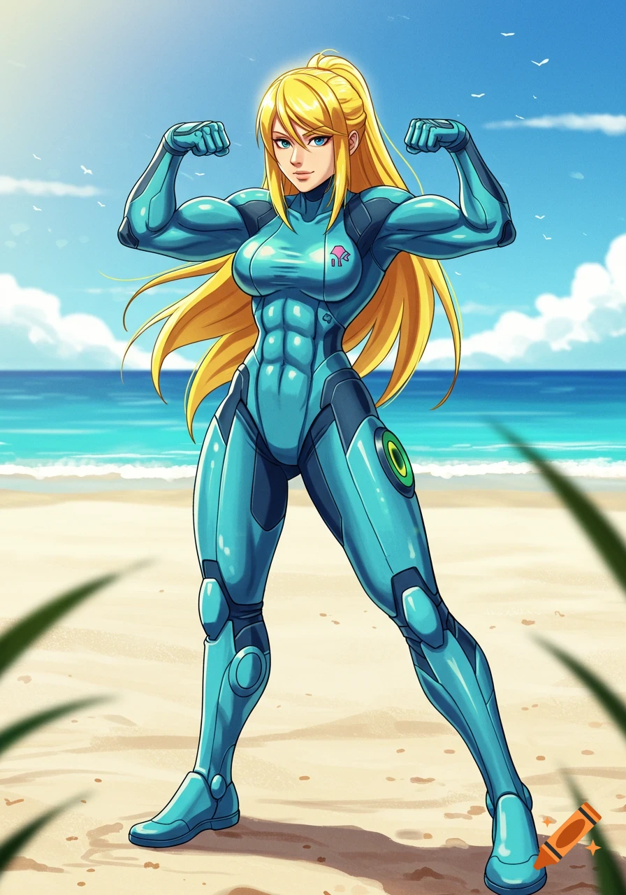 Zero Suit Samus flexes her bicep muscles on a sunny beach in an anime art style.