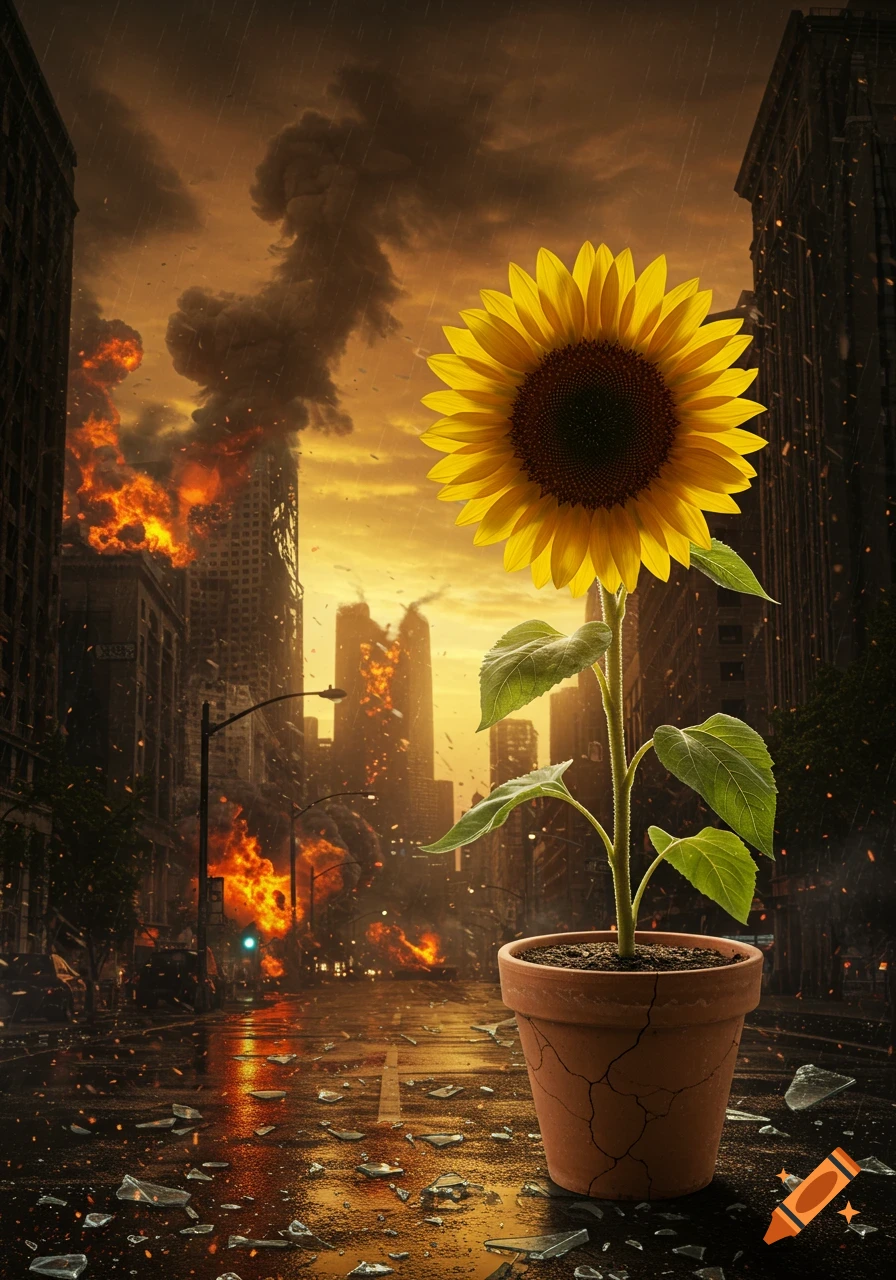 A vibrant sunflower in a cracked pot stands on a wet, debris-strewn street in a burning, apocalyptic city under a stormy sky.