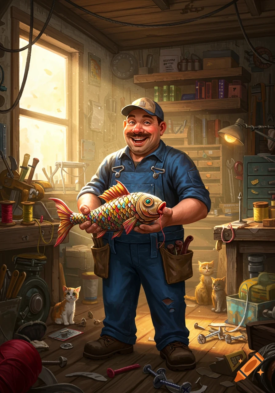 Smiling man in a blue overall holds a vibrant, multi-colored fish in a cluttered workshop with two cats.