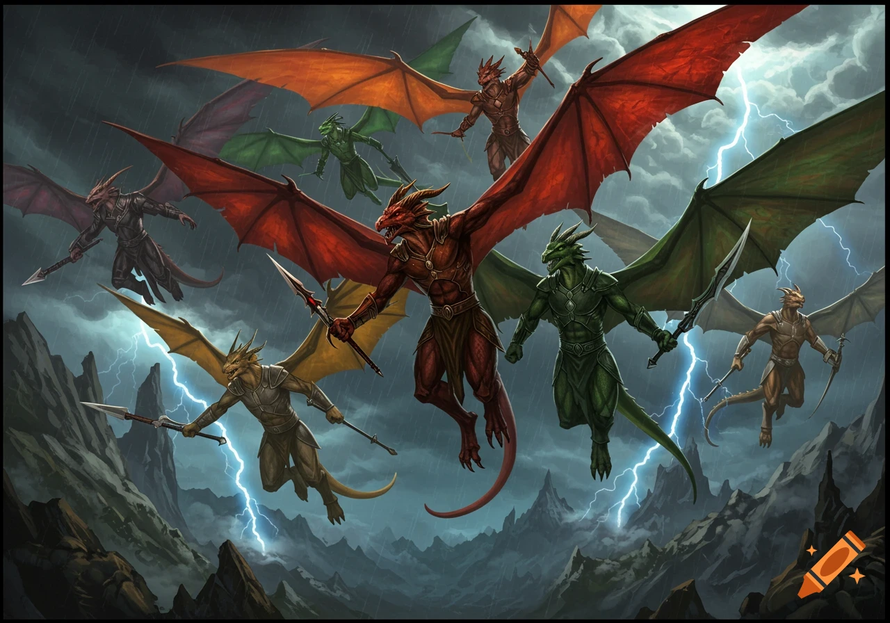 Anthromorphic dragon warriors with weapons fly through a stormy sky with lightning over mountains in a comic book style.