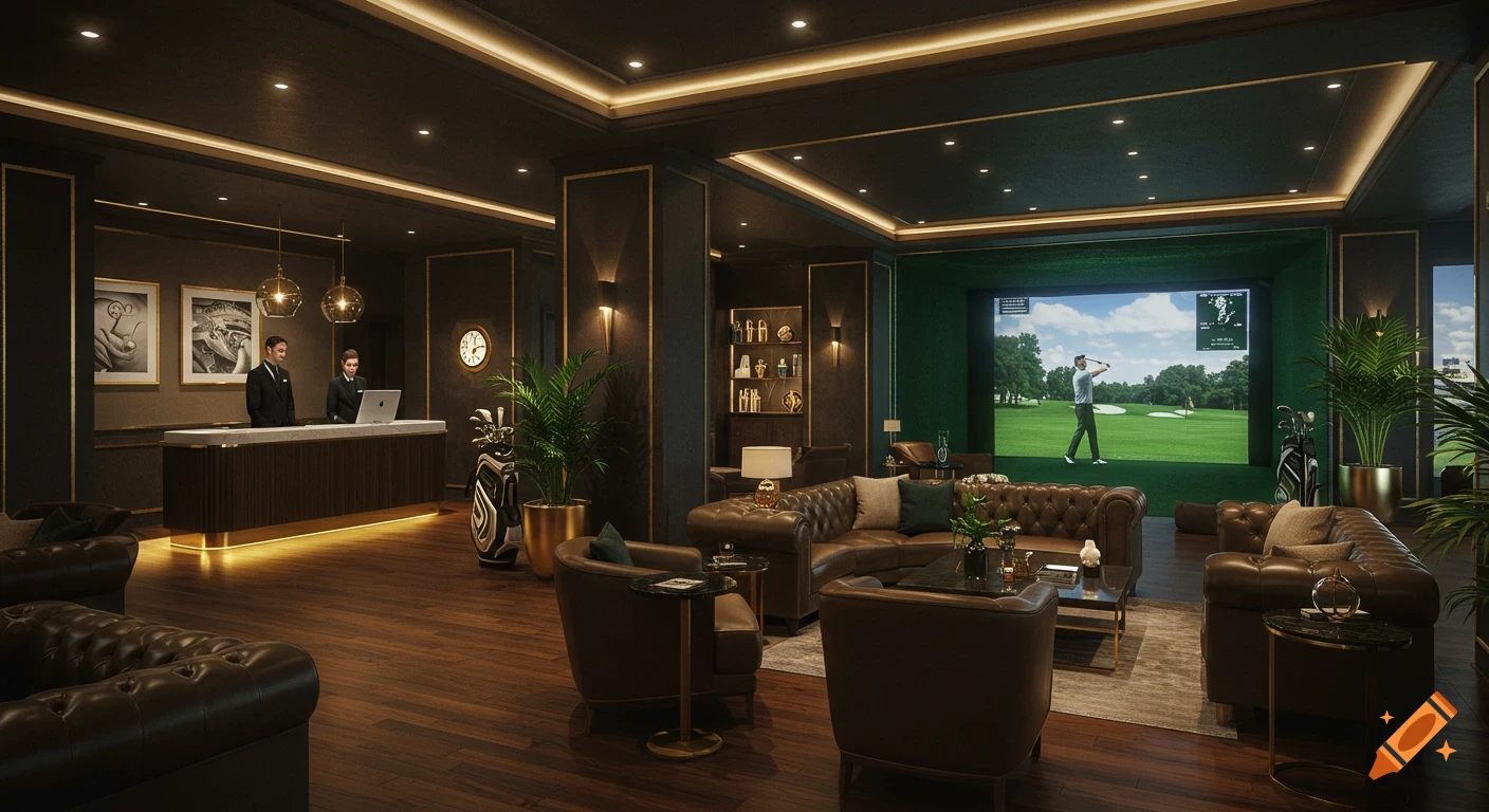 A photorealistic image of a modern, luxurious golf simulator lounge with a reception desk, leather seating, and a large screen displaying a golf course.