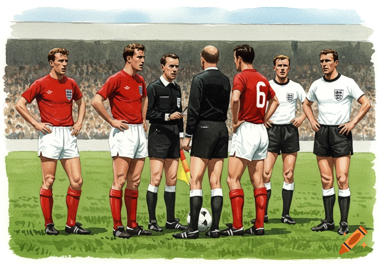 Watercolor illustration of football players and referees on a pitch during a match, a referee consults a linesman.