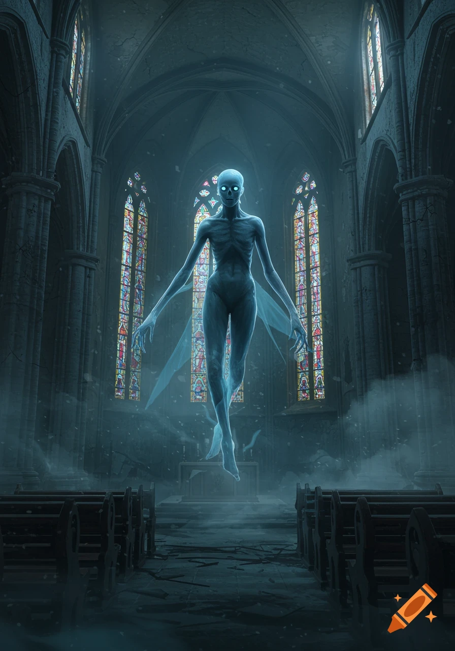 A pale, emaciated spectral figure with glowing eyes floats in a desolate, dark gothic church with stained glass windows.