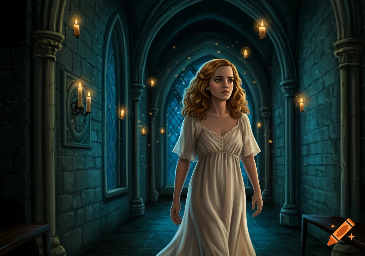 Hermione Granger with wavy hair in a white nightdress walks through a dark stone castle corridor with floating candles.