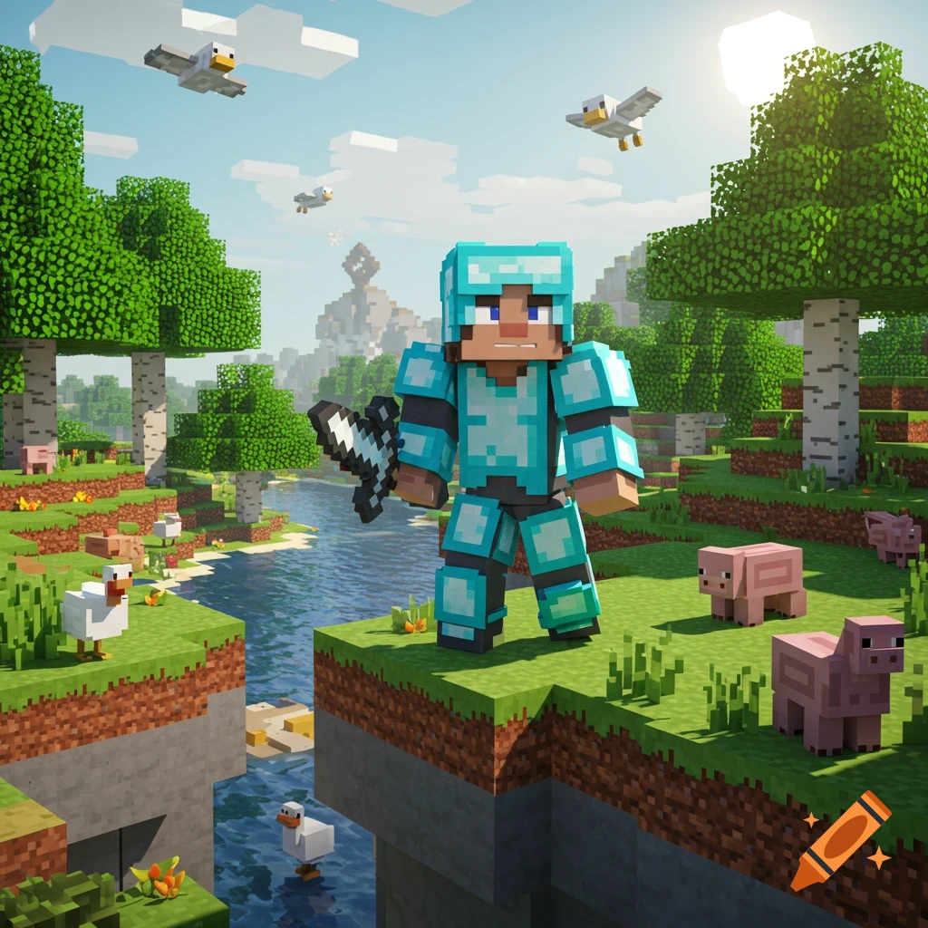 A Minecraft character in full diamond armor stands on a grassy block next to a river with pigs, chickens, trees, and seagulls.