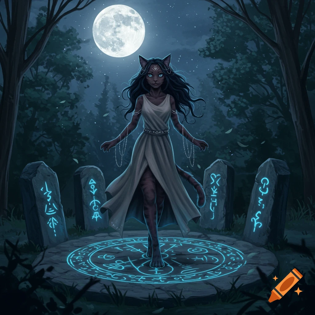 A catgirl witch with glowing blue eyes and a white dress stands in a moonlit forest, surrounded by glowing runic stones and a magic circle.