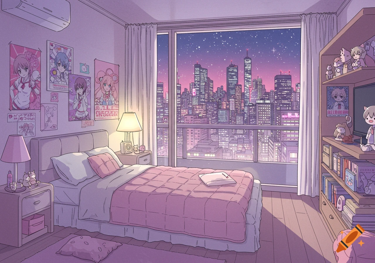 Manga-style bedroom with pink bedding, shelves of items, and a large window overlooking a sparkling cityscape at night.