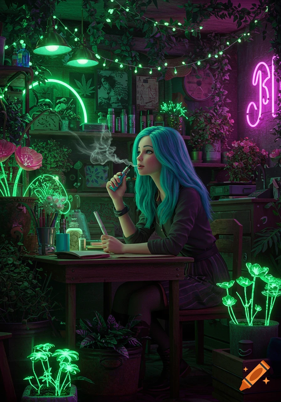 A teal-haired woman with a vape pen sits at a desk in a neon-lit, plant-filled room, creating a cozy and surreal scene.