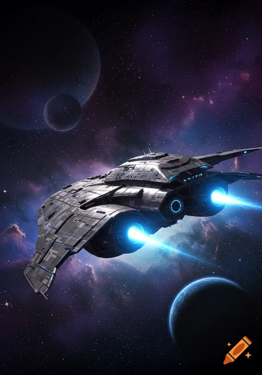 A sleek, dark futuristic spaceship with glowing blue engines flies through deep space, past planets and a purple nebula.