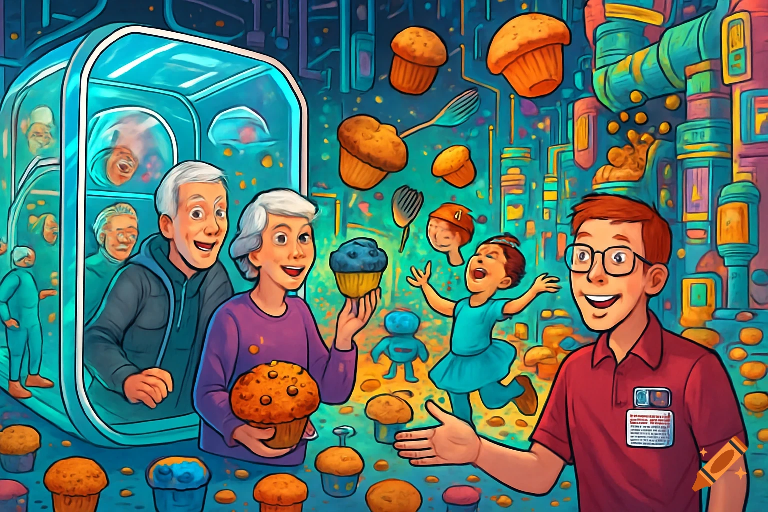 A whimsical cartoon shows an older couple and a man in a red shirt in a colorful Muffin Factory, with floating muffins, a joyful child, and futuristic elements.