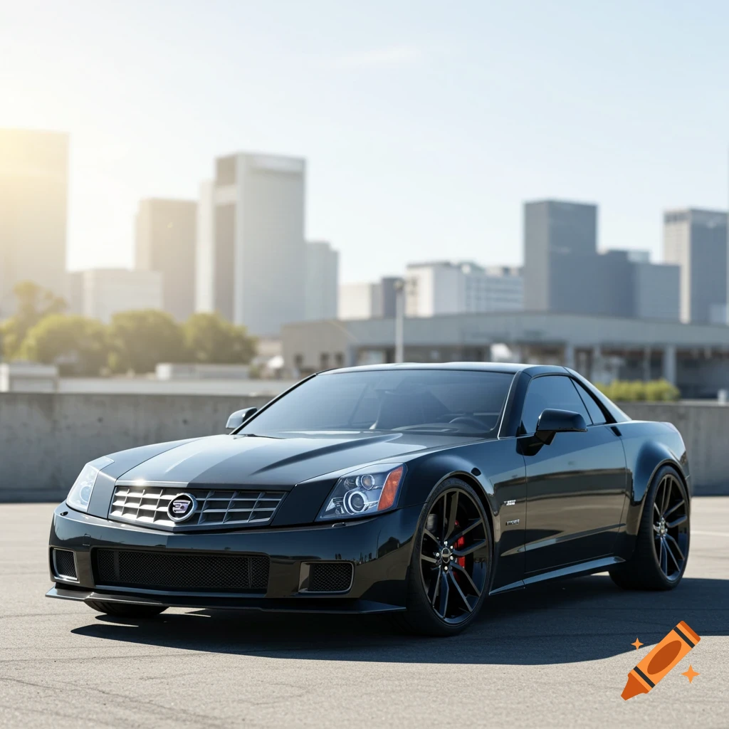 A sleek black Cadillac XLRV with a widebody kit is parked on an asphalt surface, with a blurred city skyline under a sunny sky in the background.