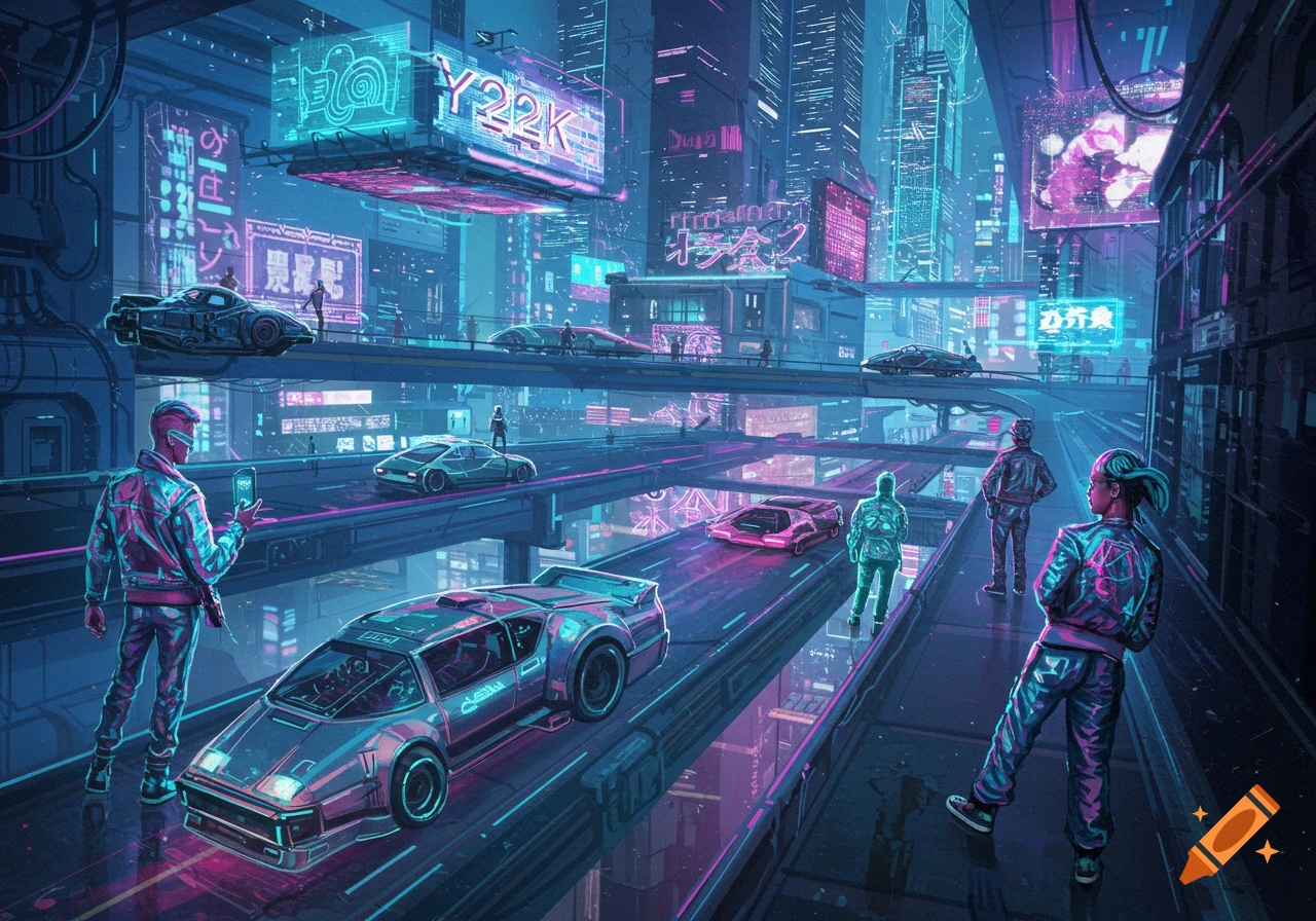 Vibrant neon-lit cyberpunk city with futuristic cars on elevated roads and pedestrians, in a retro-futuristic synthwave style.