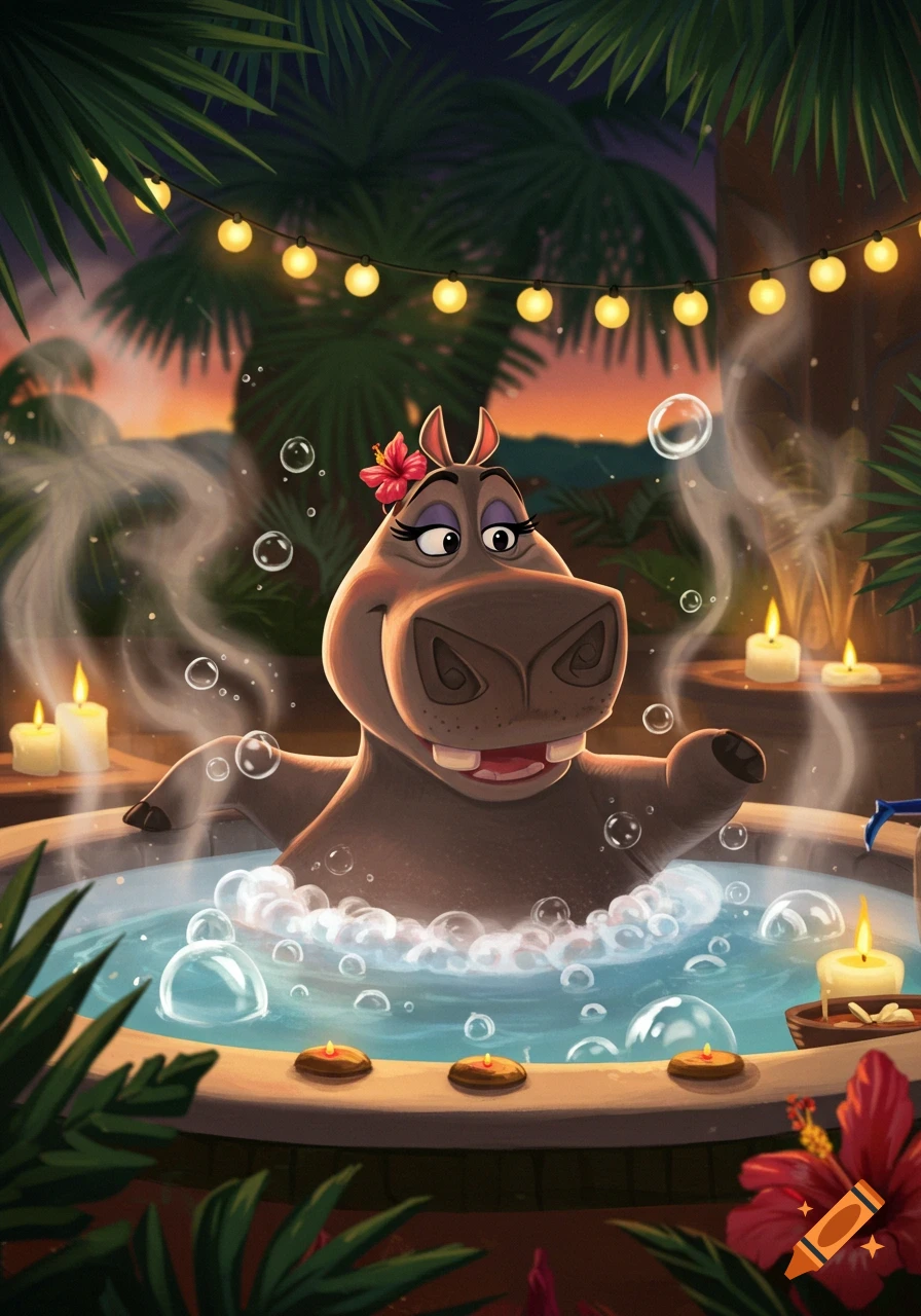 Cartoon hippo Gloria from Madagascar relaxing in a candlelit hot tub surrounded by tropical plants at sunset.