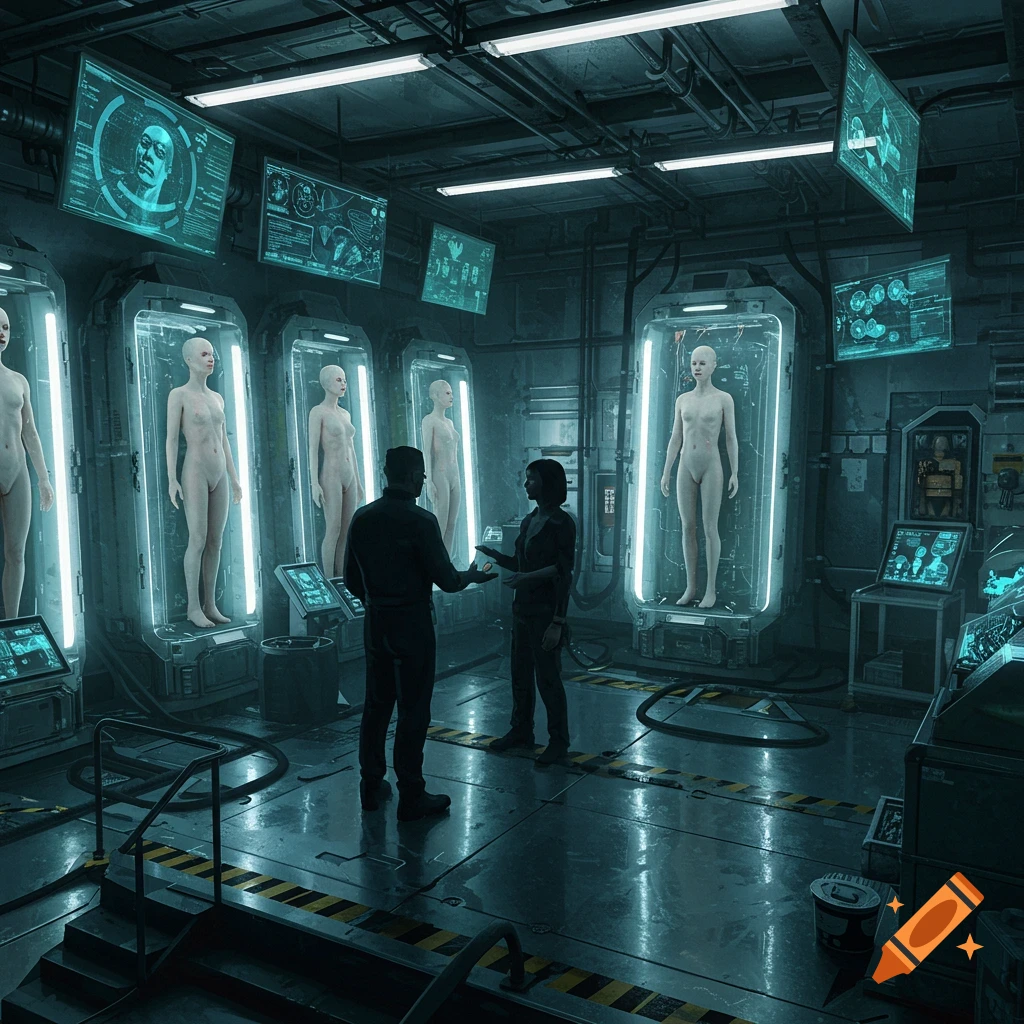 A futuristic lab with several nude, mannequin-like figures in glowing cryo-chambers, while two scientists converse in the foreground.