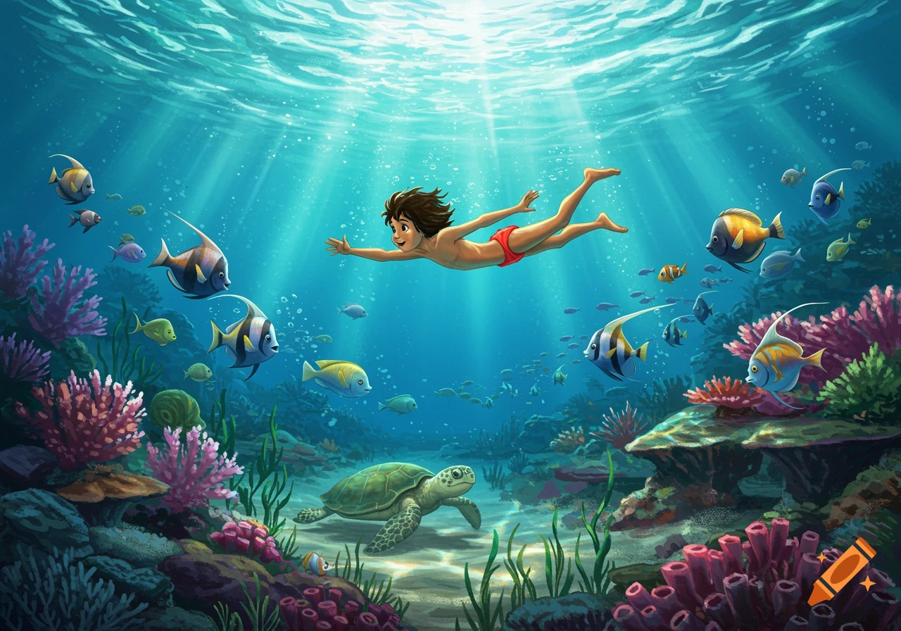 A cartoon boy in red trunks swims underwater with colorful fish, coral, and a sea turtle, with sunlight filtering through the water.