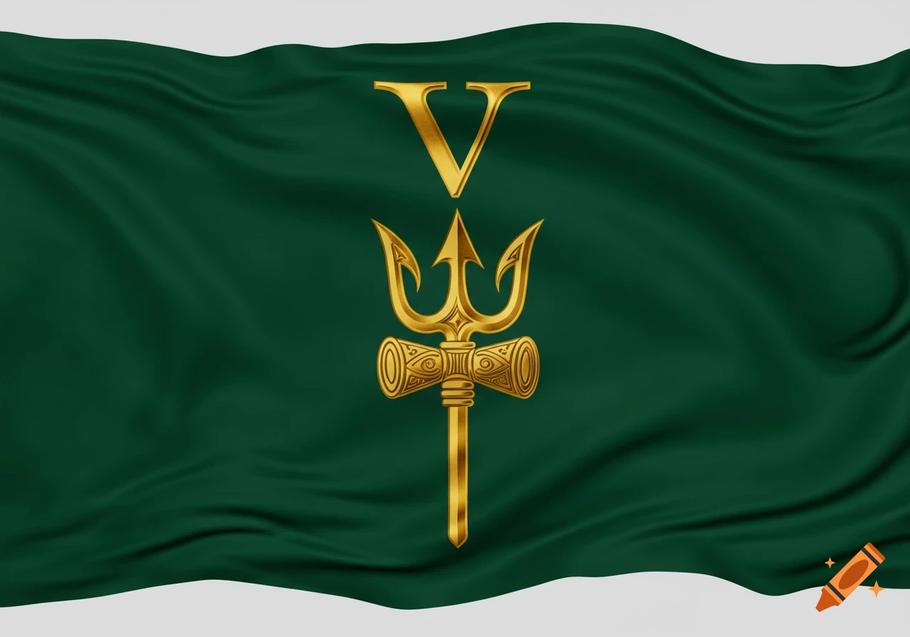 A green flag with a golden 'V' above a golden trident in the center, depicted with realistic fabric folds.