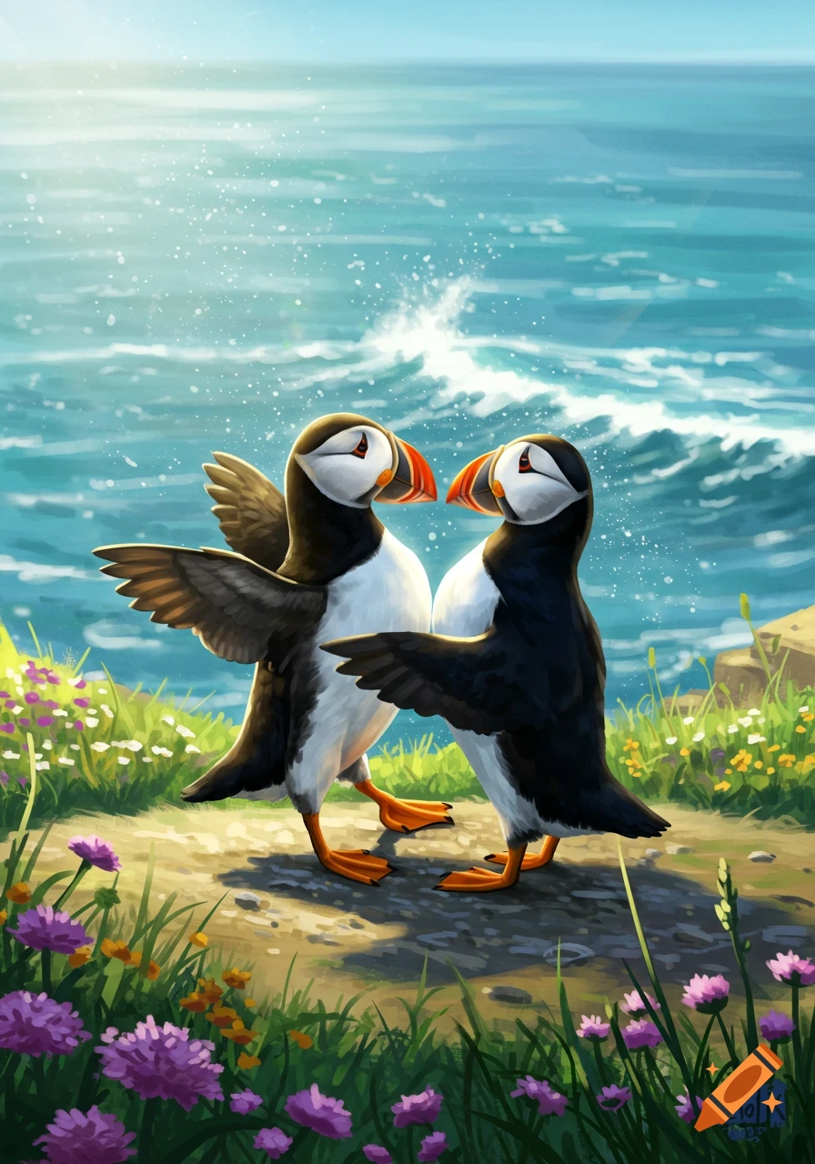 Two colorful, stylized puffins facing each other on a grassy cliff with wildflowers, overlooking a sparkling blue ocean.