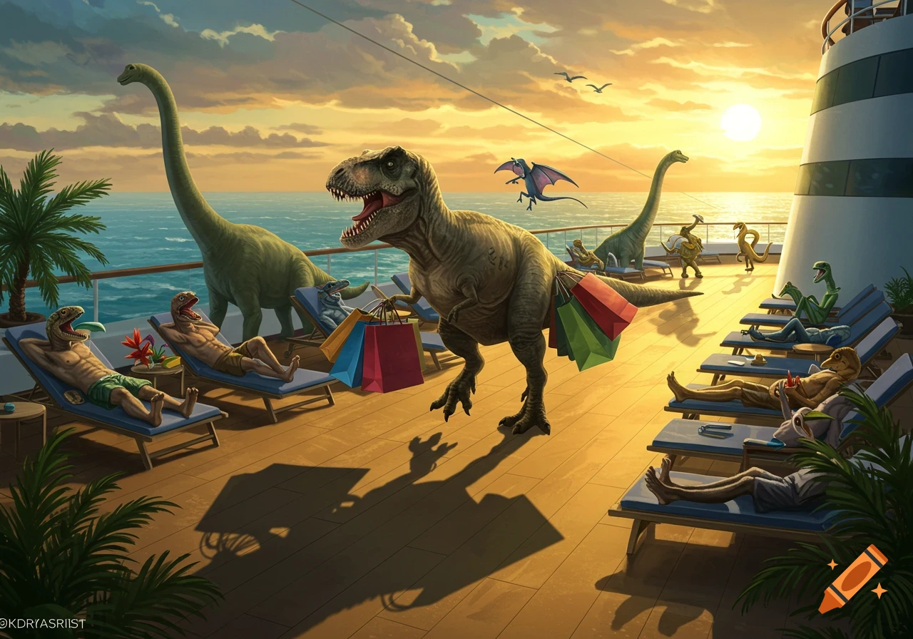 Dinosaurs relaxing on lounge chairs on a cruise ship deck at sunset, with a T-Rex carrying shopping bags.