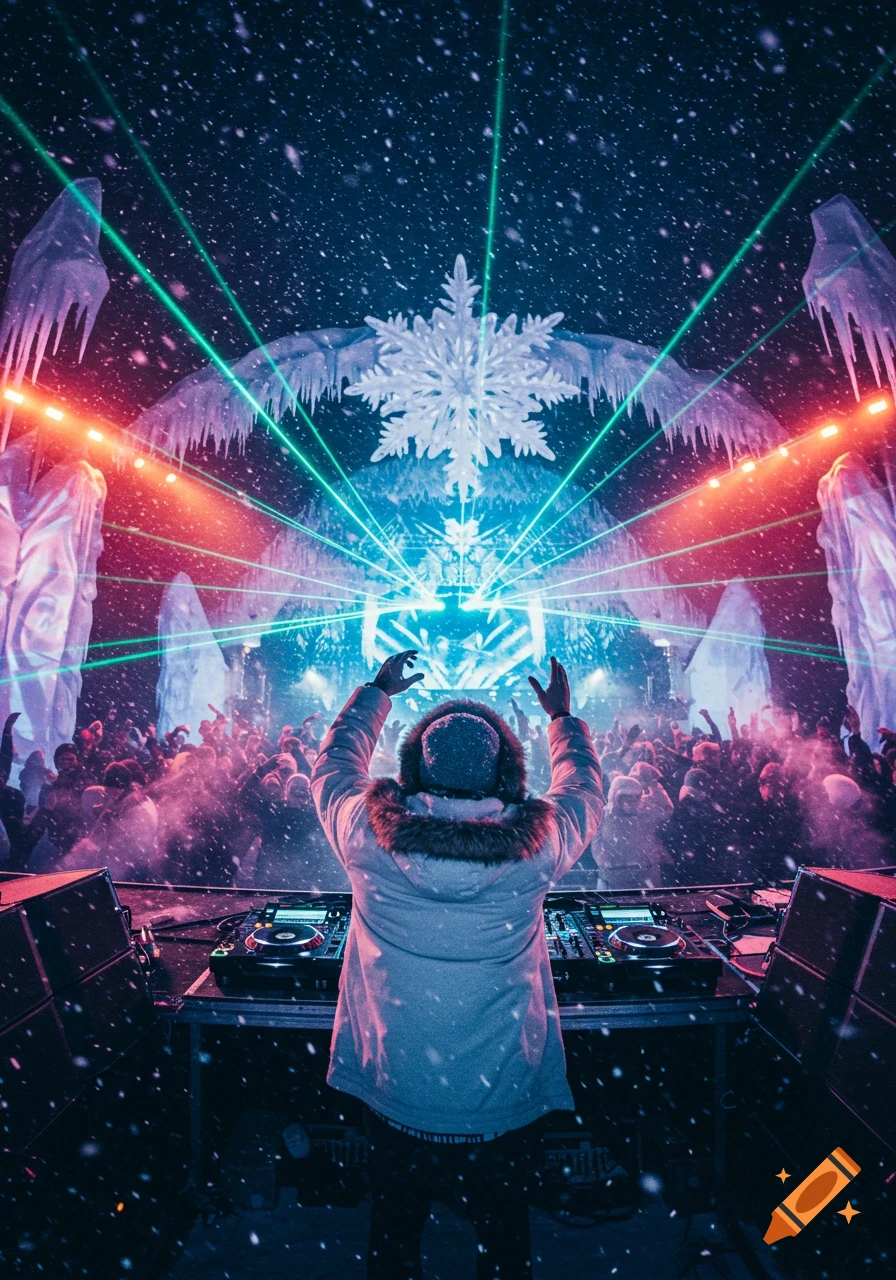 Rear view of a DJ performing at an outdoor winter music festival with a large crowd, bright lasers, and ice sculptures under falling snow.