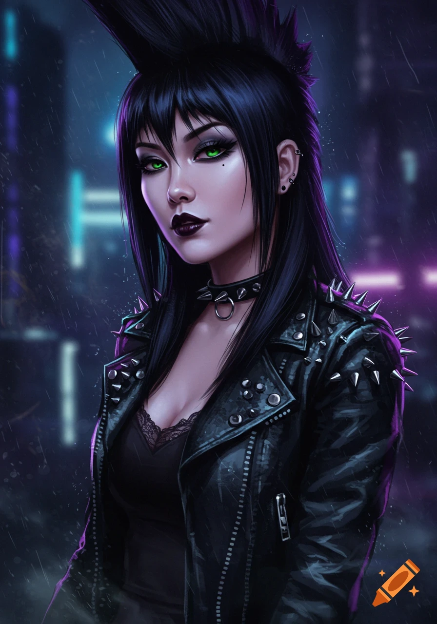 A stylized portrait of a punk woman with a mohawk, green eyes, and a studded leather jacket, against a blurry neon city night.