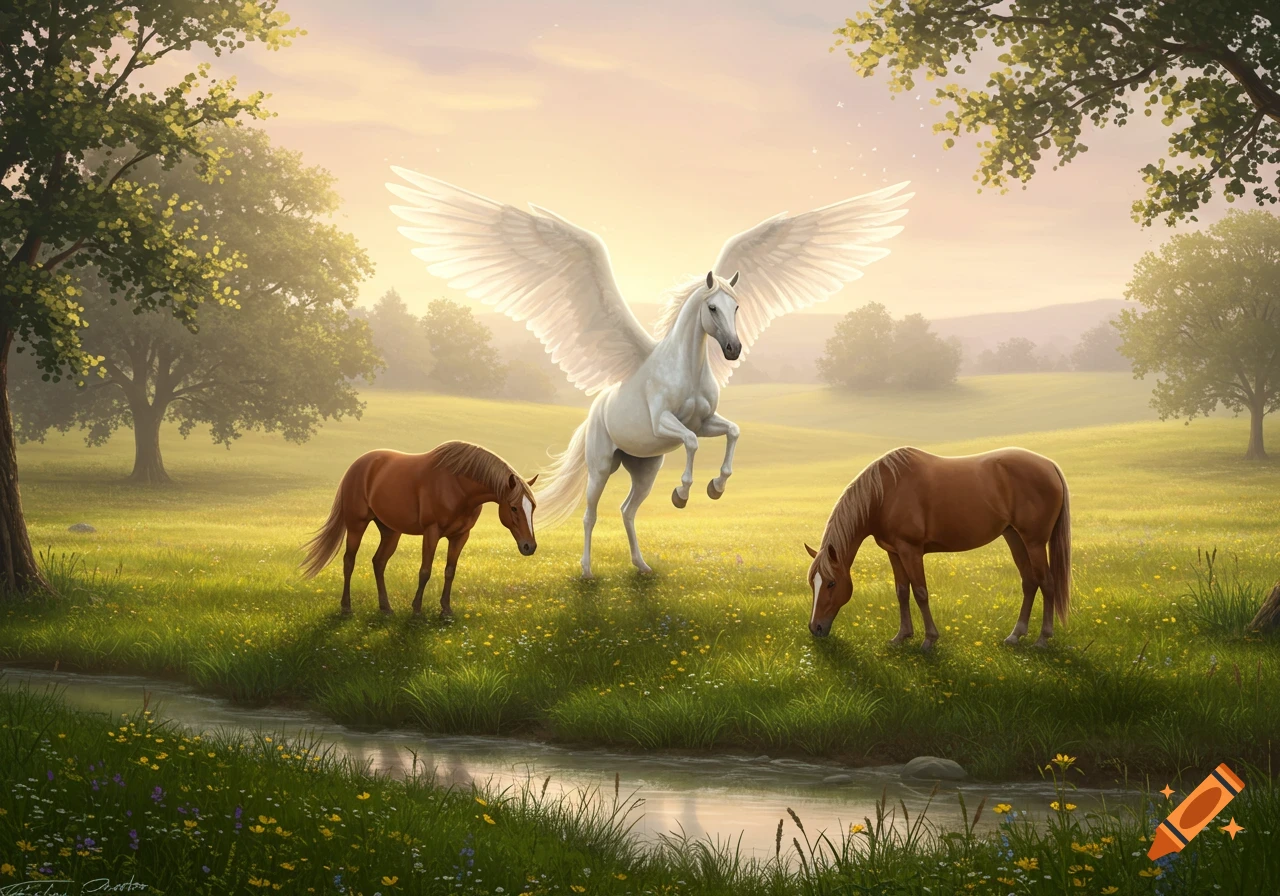 A white pegasus rears in a sunlit green field with two brown horses grazing nearby, a stream flows in the foreground.
