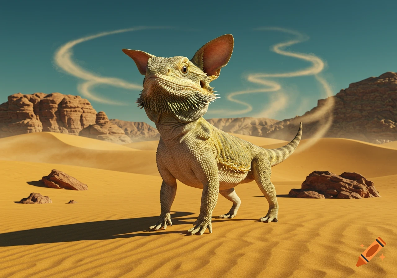 A photorealistic hybrid creature, a bearded dragon with dog ears, stands in a vast desert landscape with sand dunes and rocky outcrops under a blue sky.