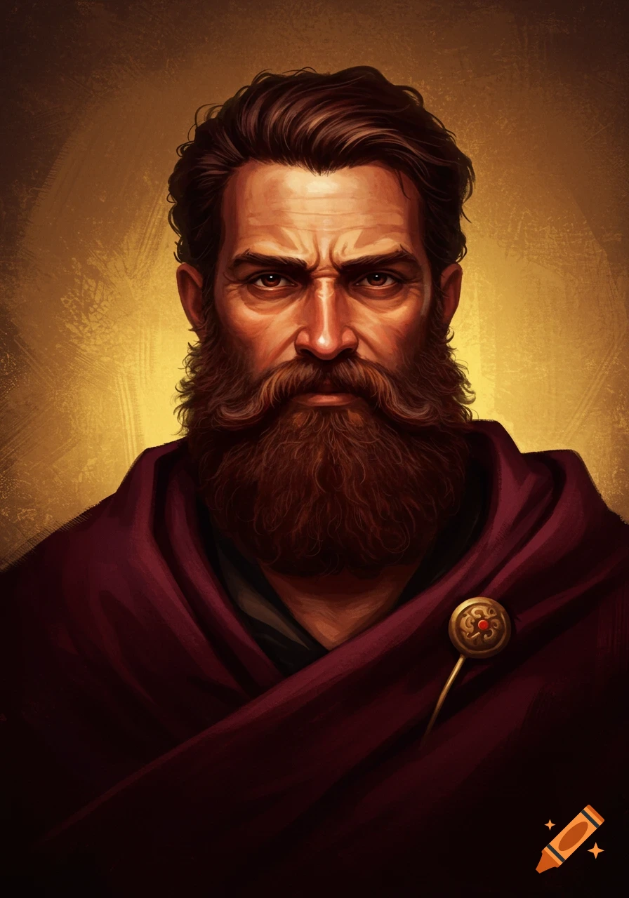 A stylized portrait of a stern, bearded man in a dark red cloak with a gold pin against a golden background.