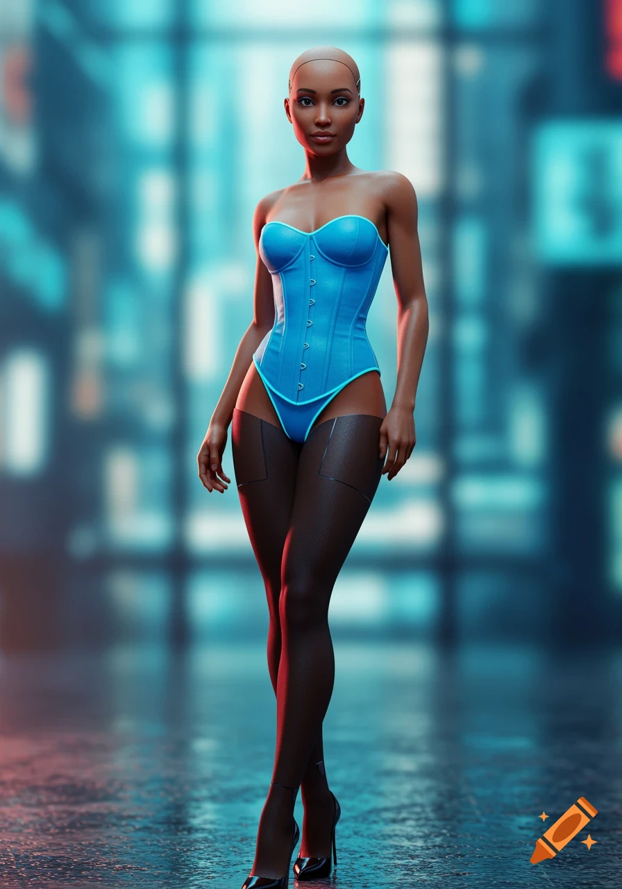 A dark-skinned woman in a blue corset, black tights, and high heels stands on a wet street with neon lights in a futuristic city.
