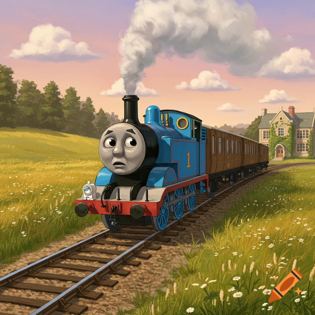 Sad Thomas the Tank Engine on a train track in a grassy field with a house, illustration style.