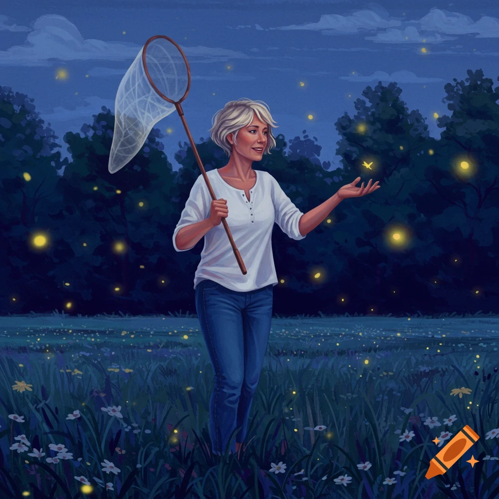 Woman with short blond hair holding a net, reaching for a firefly in a dark field filled with glowing fireflies at night, illustration.