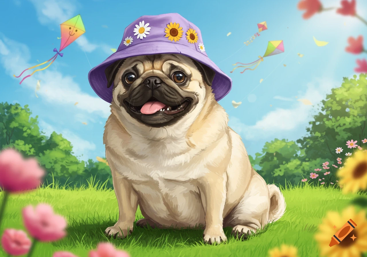 An illustrated pug in a purple flower hat sits in a sunny grassy field with kites and flowers.