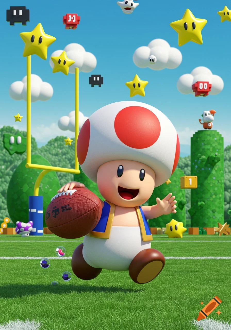 Toad from Super Mario running on a football field with an NFL football, surrounded by Mario-themed elements like stars and clouds.