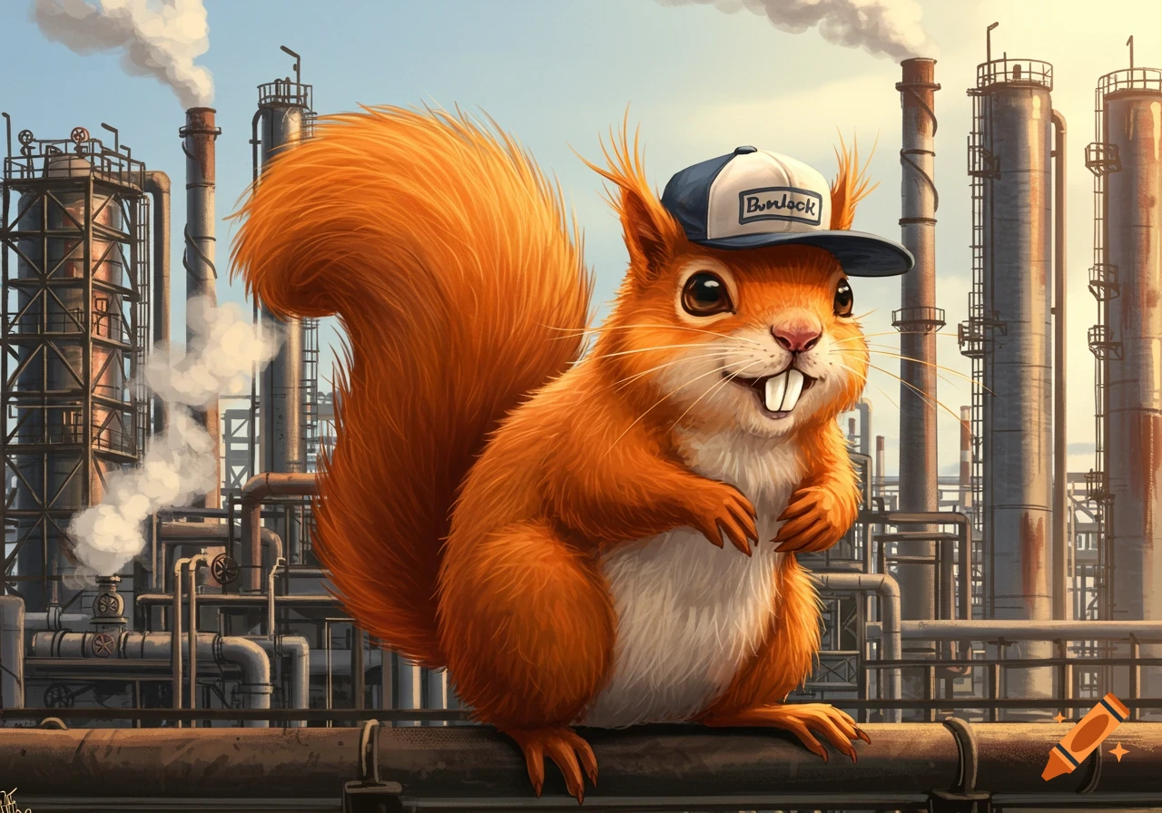 Cartoon orange squirrel with buck teeth and a baseball cap on a pipe at an industrial refinery.
