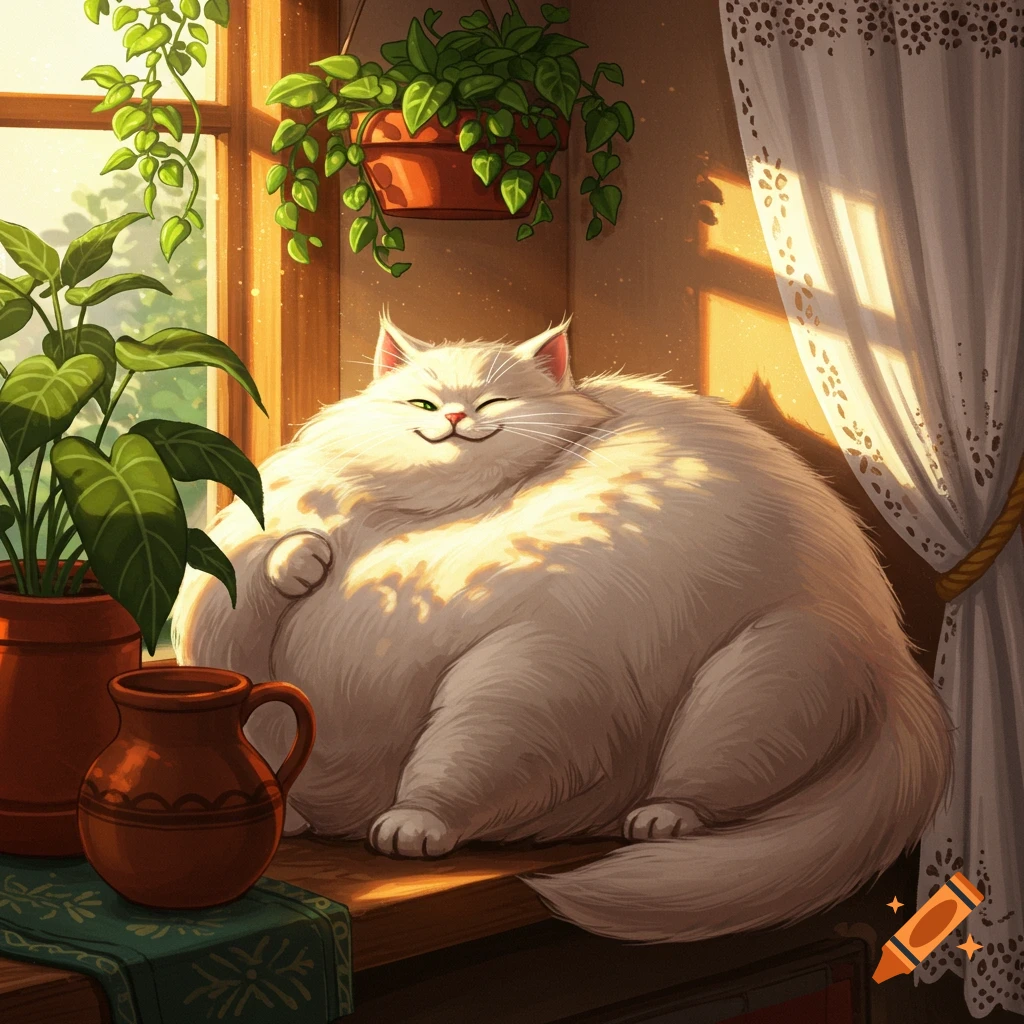A very fluffy white cat with green eyes sits happily on a sunlit windowsill, surrounded by potted plants and a rustic pitcher.