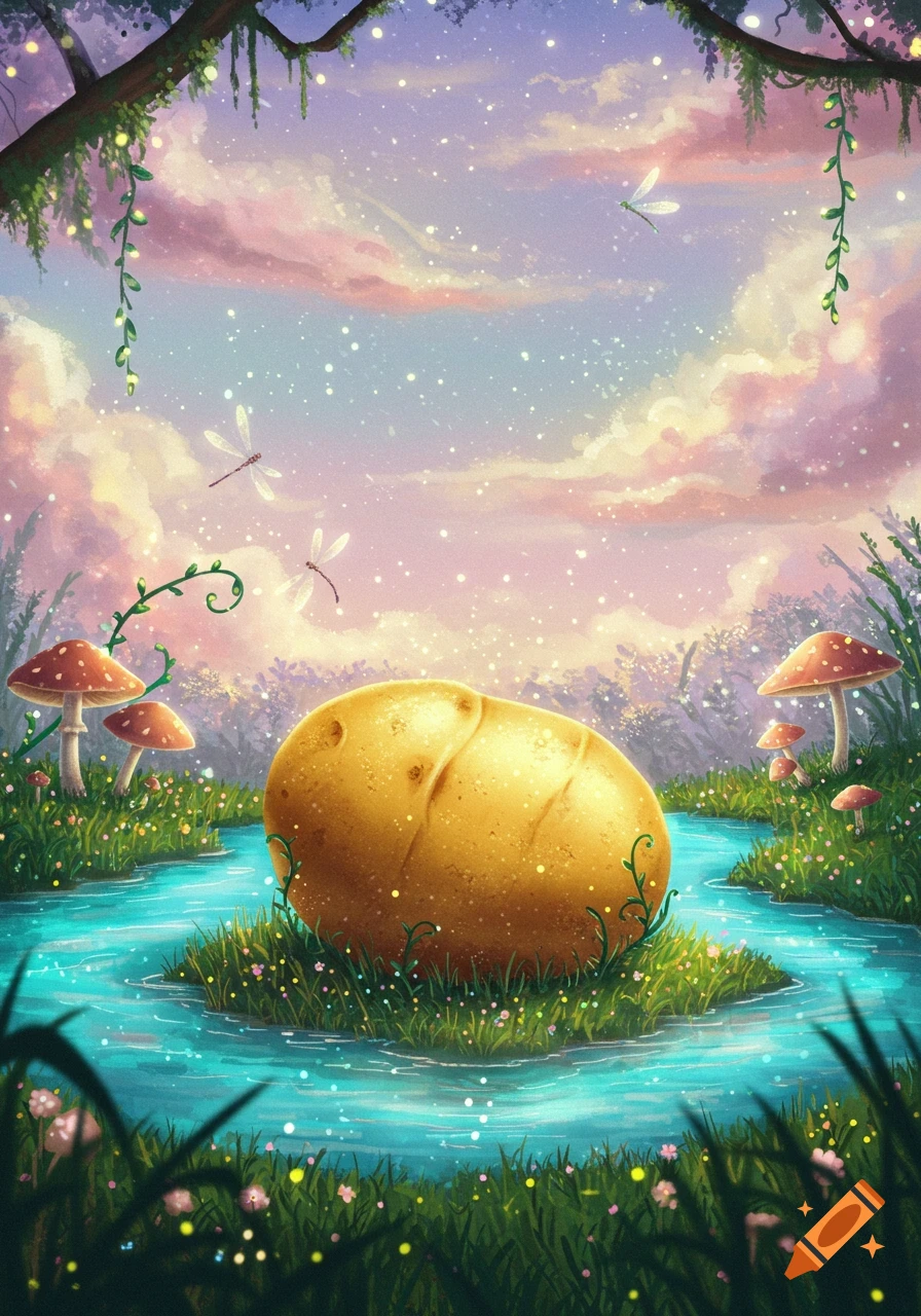 A large potato rests on a grassy island in a sparkling blue river, surrounded by mushrooms and dragonflies in a magical forest at sunset.