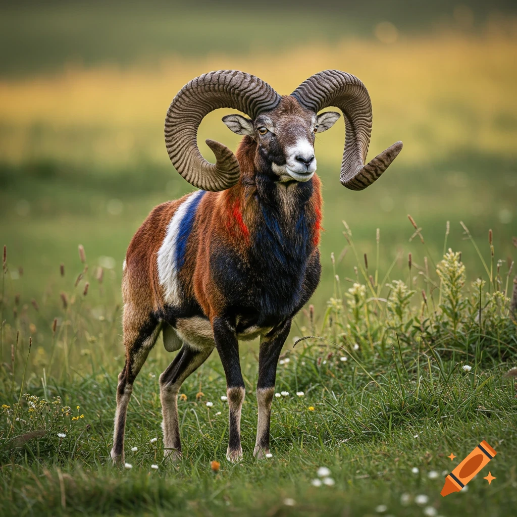 Photorealistic mouflon with French flag colors on its fur stands in a green field.
