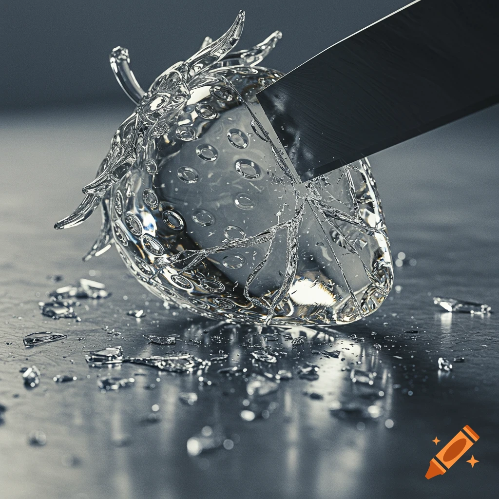 A hyper-realistic close-up of a crystal-clear glass strawberry being sliced by a blade, scattering glass shards on a reflective surface.