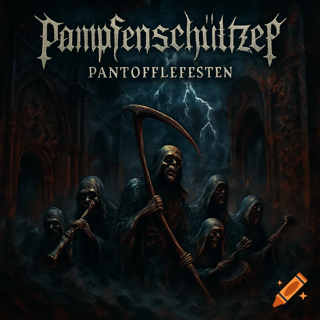 A dark, gothic album cover featuring hooded skeletal figures, one holding a scythe, others playing instruments, under a stormy sky.
