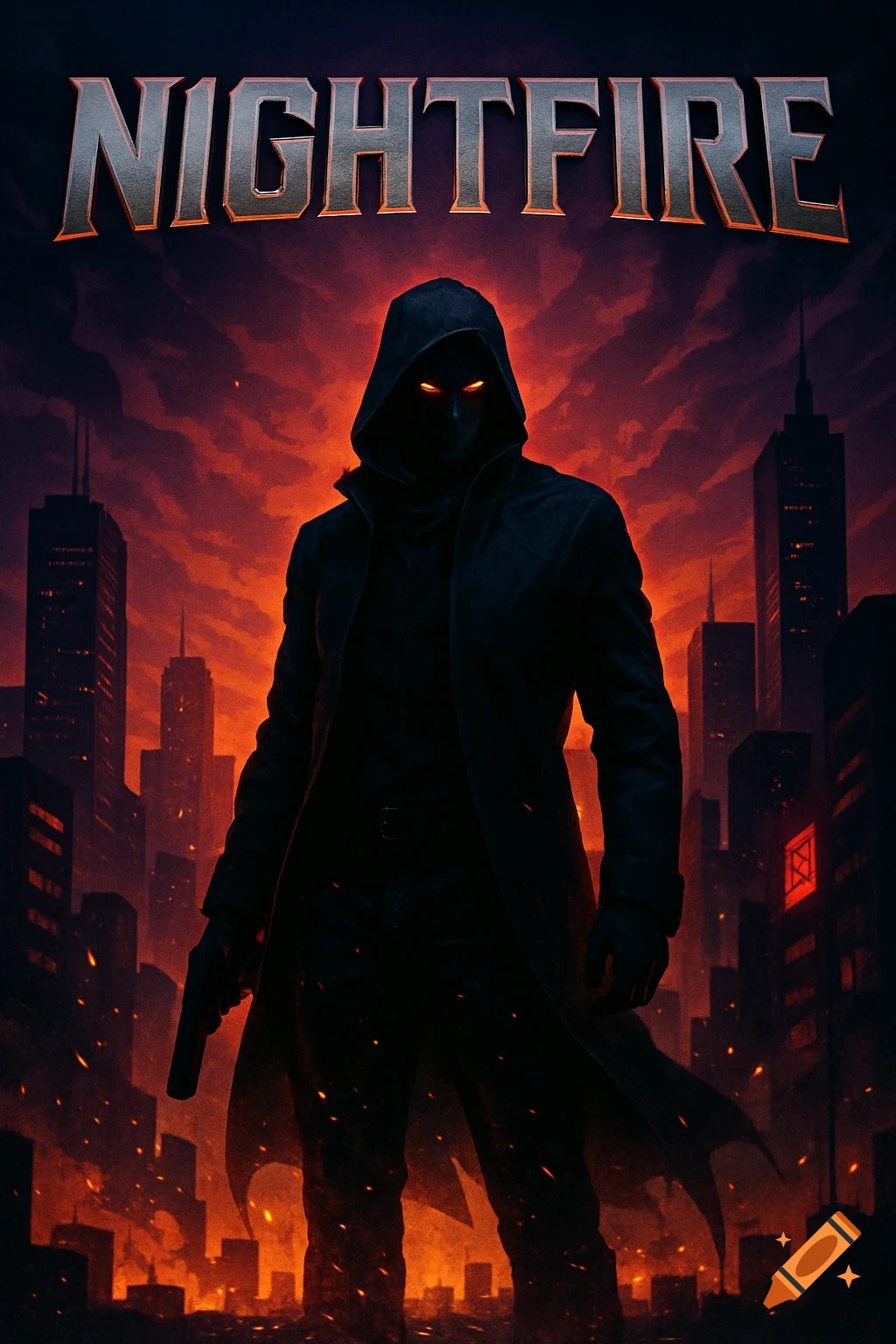 A dark, hooded figure with glowing eyes stands in a fiery, burning city, with the title 'NIGHTFIRE' above.