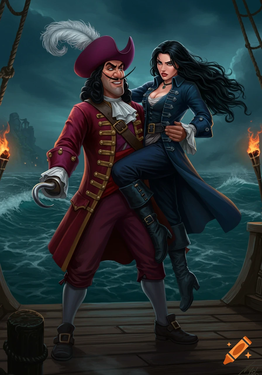 Stylized illustration of Captain Hook holding a female pirate on a ship deck at sea under a stormy sky.
