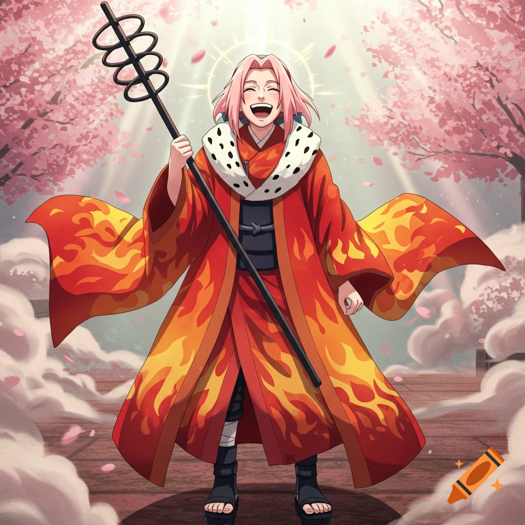 Anime-style illustration of Sakura Haruno in a flame-patterned red and yellow robe, holding a staff, laughing amidst pink cherry blossoms.