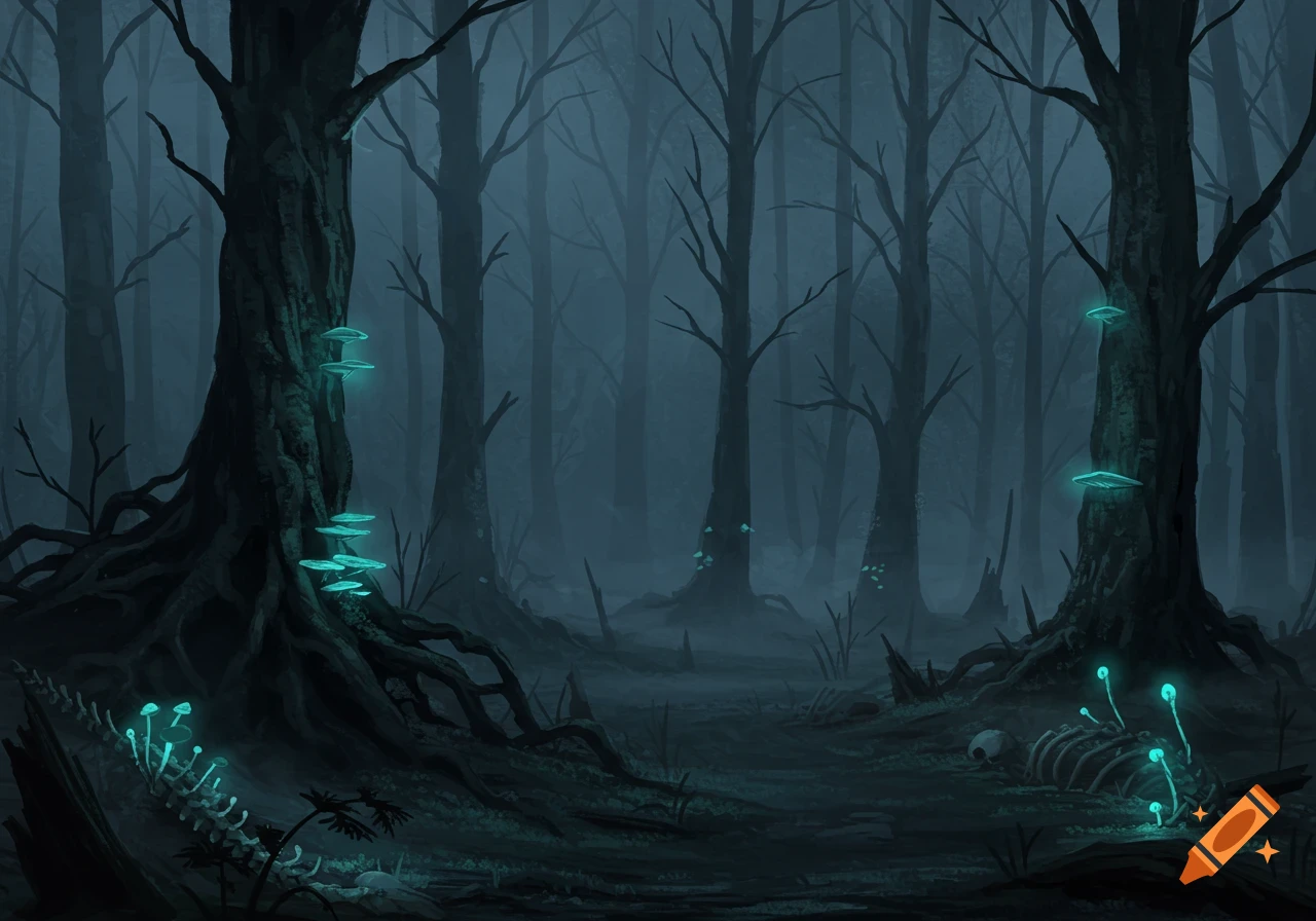A dark, eerie forest with bare trees, fog, and glowing blue-green mushrooms on trunks and skeletal remains on the ground, digital art.