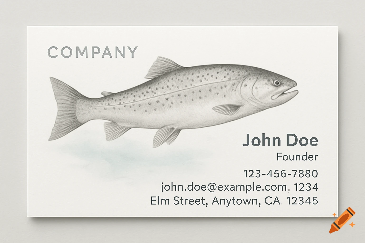 A minimalist business card with a grayscale illustration of a trout and contact details for 'John Doe Founder'.