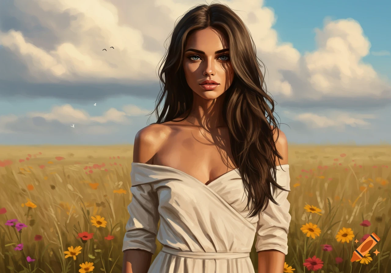 A painting of a beautiful brunette woman in a white dress standing in a sunny field of wildflowers under a cloudy sky.