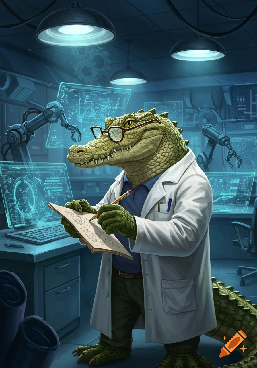 An anthropomorphic gator scientist in a lab coat and glasses, drawing blueprints in a futuristic lab.