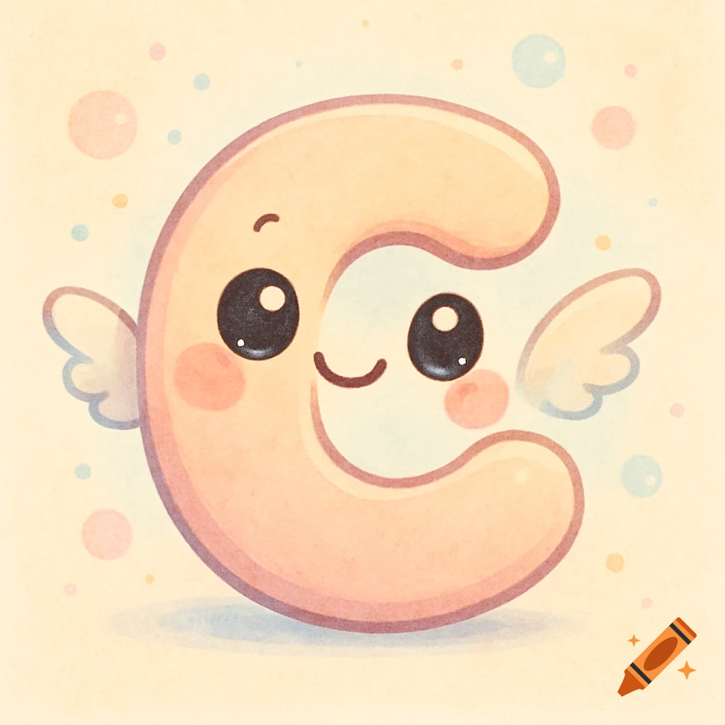 A cute, smiling cartoon letter C with small wings, surrounded by faint bubbles.
