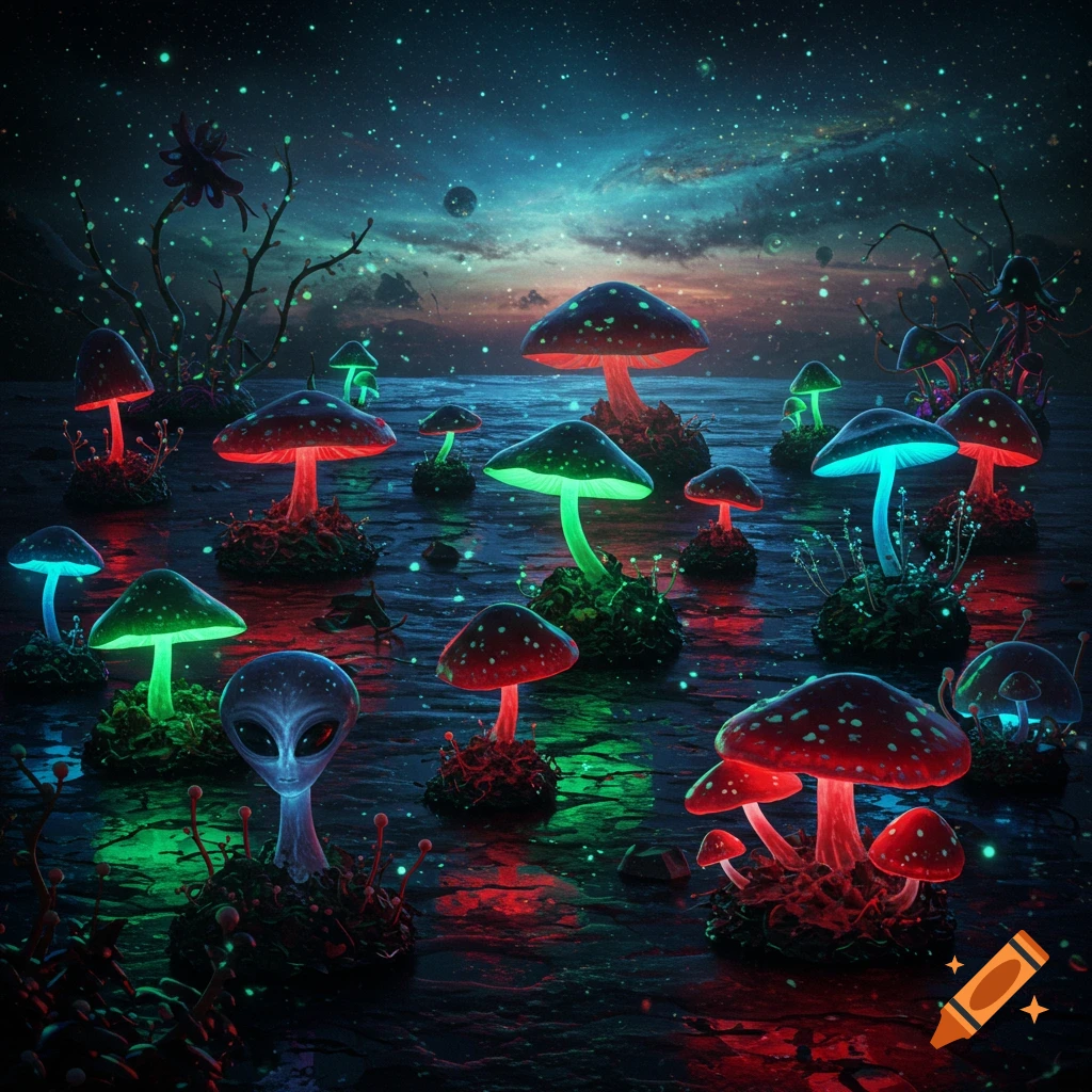 Glowing colorful mushrooms and a grey alien under a starry night sky in a dark, fantastical landscape.