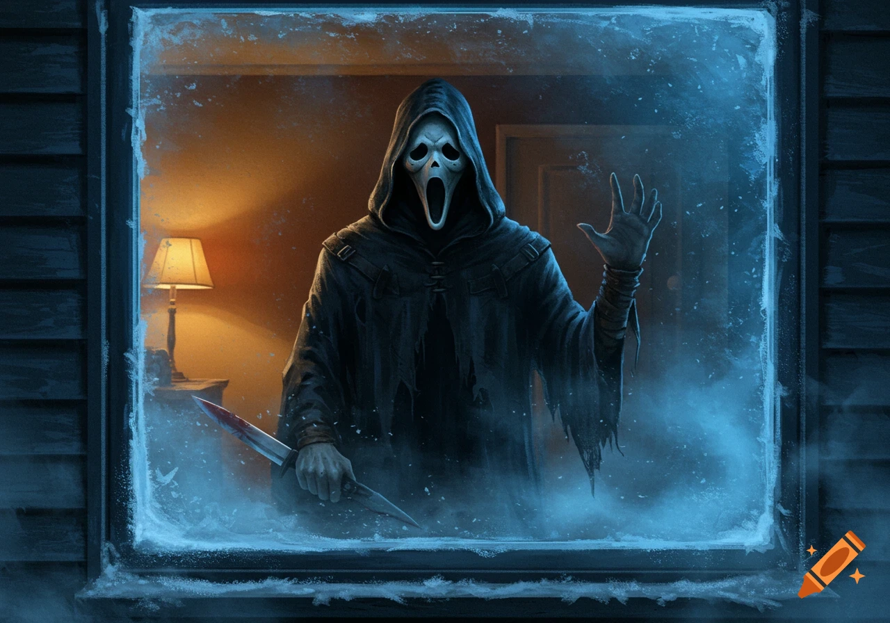 Ghostface killer peering through a frosted window, holding a bloodied knife and waving.